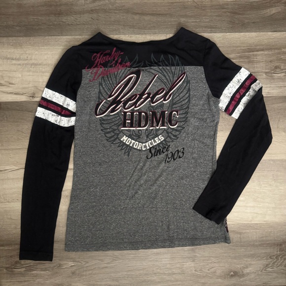 Harley-Davidson Women’s Gray and Black Long Sleeve Henley Shirt - Picture 2 of 6